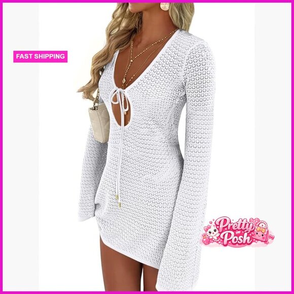 Other - Crochet Mesh Knit Beach Cover Up Dress Long Sleeve V Neck